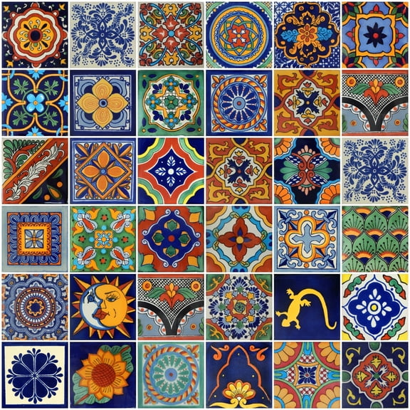 Color y Tradición 50 Mexican Talavera Tiles 4x4 – Handpainted Ceramic, Multicolor, Assorted Designs