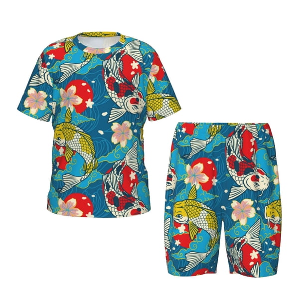 Balery Japanese Koi Conjunto de Pijama Infantil de Manga Corta con Estampado – Ropa de Dormir de Algodón Suave-3X-Large