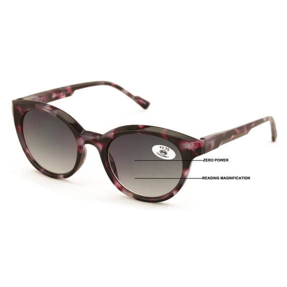 Women Round Progressive Bifocal Reading Sunglasses - No Line or Bubble - Zero Power on Top Reader +2.50