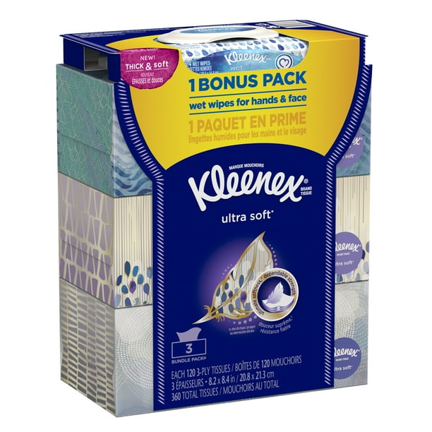 Kleenex Ultra Soft Facial Tissues + Bonus Wipes, 3 Flat Boxes (360