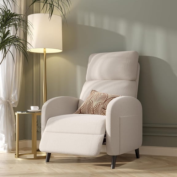 Recliner Chair for Adults, Small Fabric Reclining Chair with Side Pockets, Adjustable Home Theater Seating Modern Armchair with Extended Footrest for Living Room, Beige