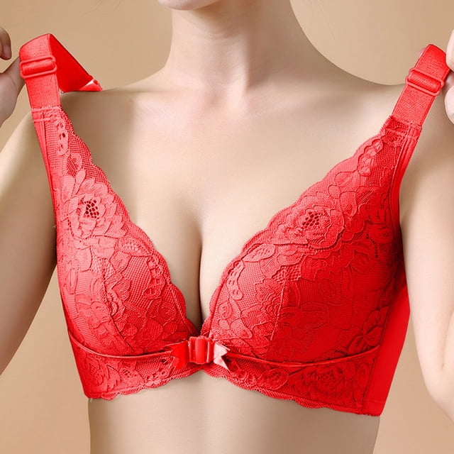 Pavied Wireless Bras Front Closure Bras Seamless Bras Women's Comfortable Front Buckle Bra Beautiful Back Summer Large Size Adjustable Bra Backless Bra Plus Size Bra Red 38