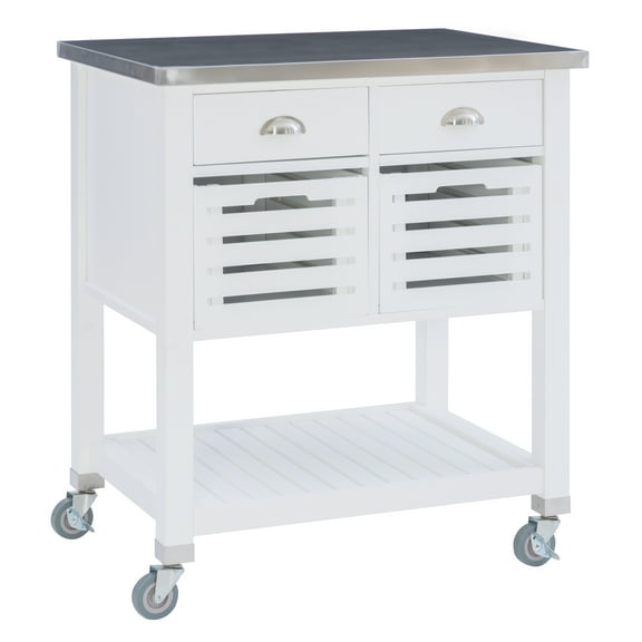 Linon Kerr 2-Drawer 2-Tier Mobile Serving Cart with Stainless Steel Top, 22" Length, White