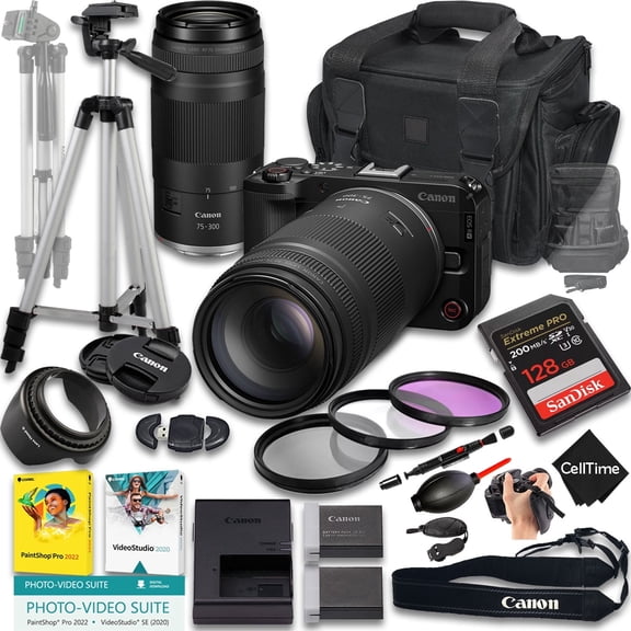 Canon EOS R50 V Mirrorless Camera with RF 75-300mm f/4-5.6 Lens   128GB Memory   Extra Battery   Camera Case   Tripod   More (19pc Bundle) (International Version)