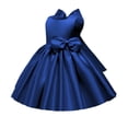 thumbnail image 2 of Girls' Satin Sleeveless Formal Party Dress, Square Neck, Large Bow Decor, Flared Swing Midi Skirt, Flower Girl Style, Suitable For Wedding Ceremonies, Birthday Banquets Dark Blue 0-1 Years, 2 of 6