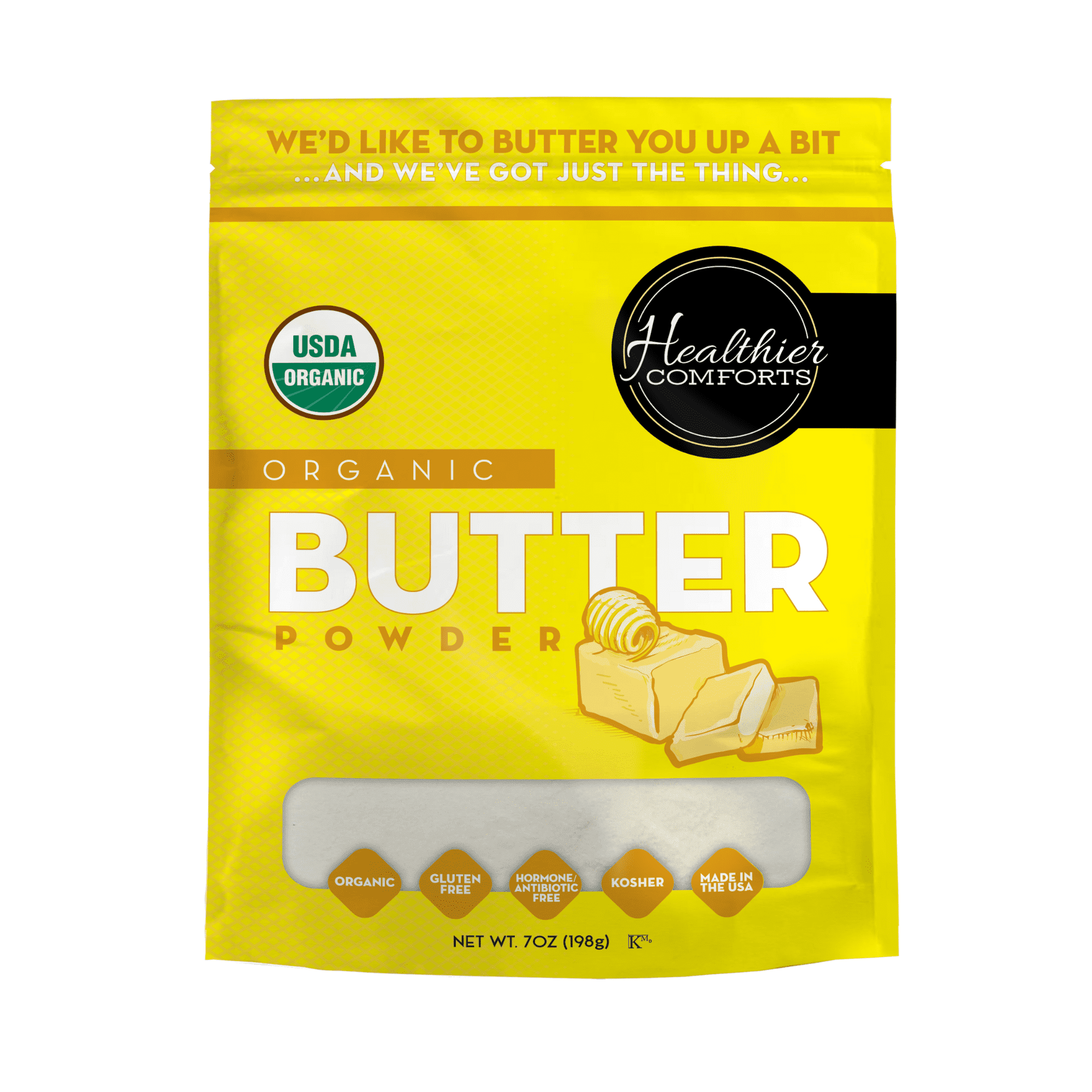Healthier Comforts Organic Butter Powder 7oz | USDA Certified Organic Dehydrated Unsalted Butter | Kosher, Gluten Free, Non-GMO | Popcorn, Baking, Seasoning