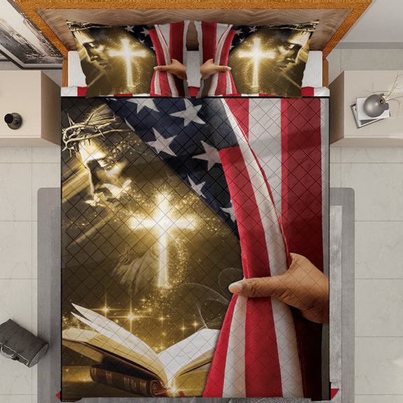 Lotusprinthandmade Patriotic Quilt Bed Set With Cross And Jesus Design Quilt Bedding Set (White Binding) 5 Sizes (Made in Vietnam) (55x60), Quirky Chicken Design Quilt Bed Set