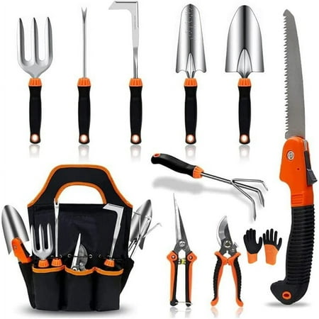 Garden Tool Set, Stainless Steel Heavy Duty Gardening Tool Set, with Storage Tote Bag, Non-Slip Rubber Grip, Outdoor Hand Tools, Ideal Garden Tool Kit Gifts