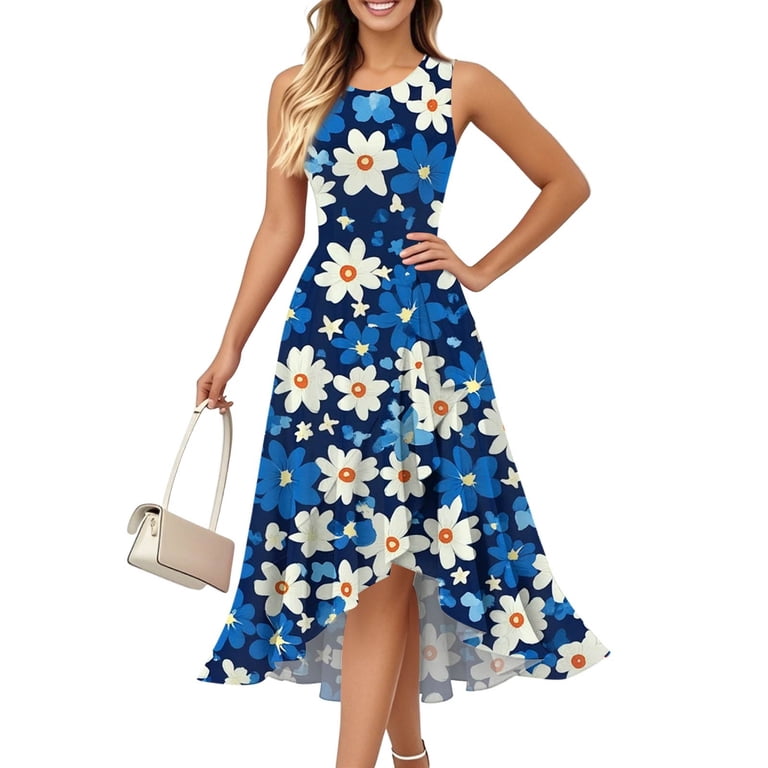 Red White And Blue Dress, 4Th Of July Casual Cotton Sleeveless Round Neck  American Flag Ruffle Flowy Long Tank Gold Dress For Women Sequin Dress  Gothic Plus Dresses (XL, Blue) ZMTing -