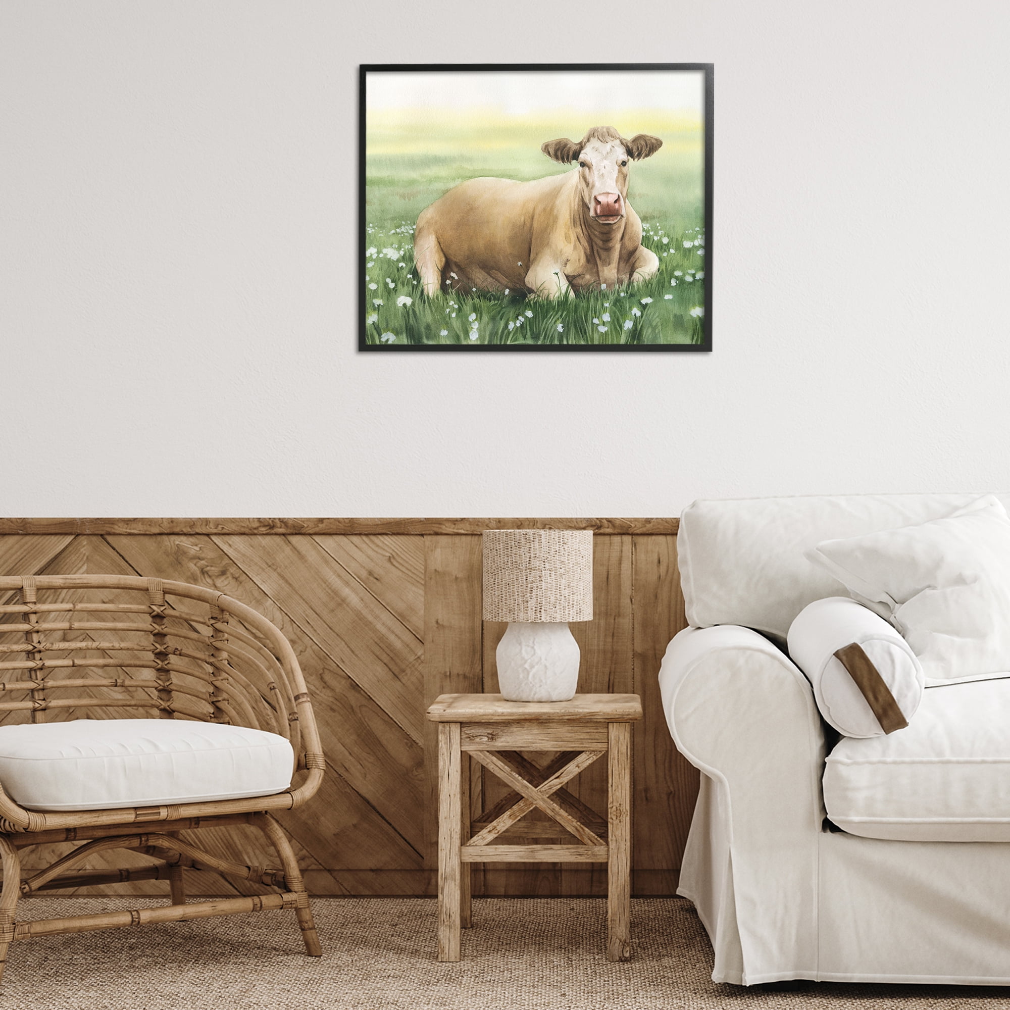 Stupell Industries Resting Beige Cow Animals & Insects Painting Black Framed Art Print Wall Art, 30 x 24