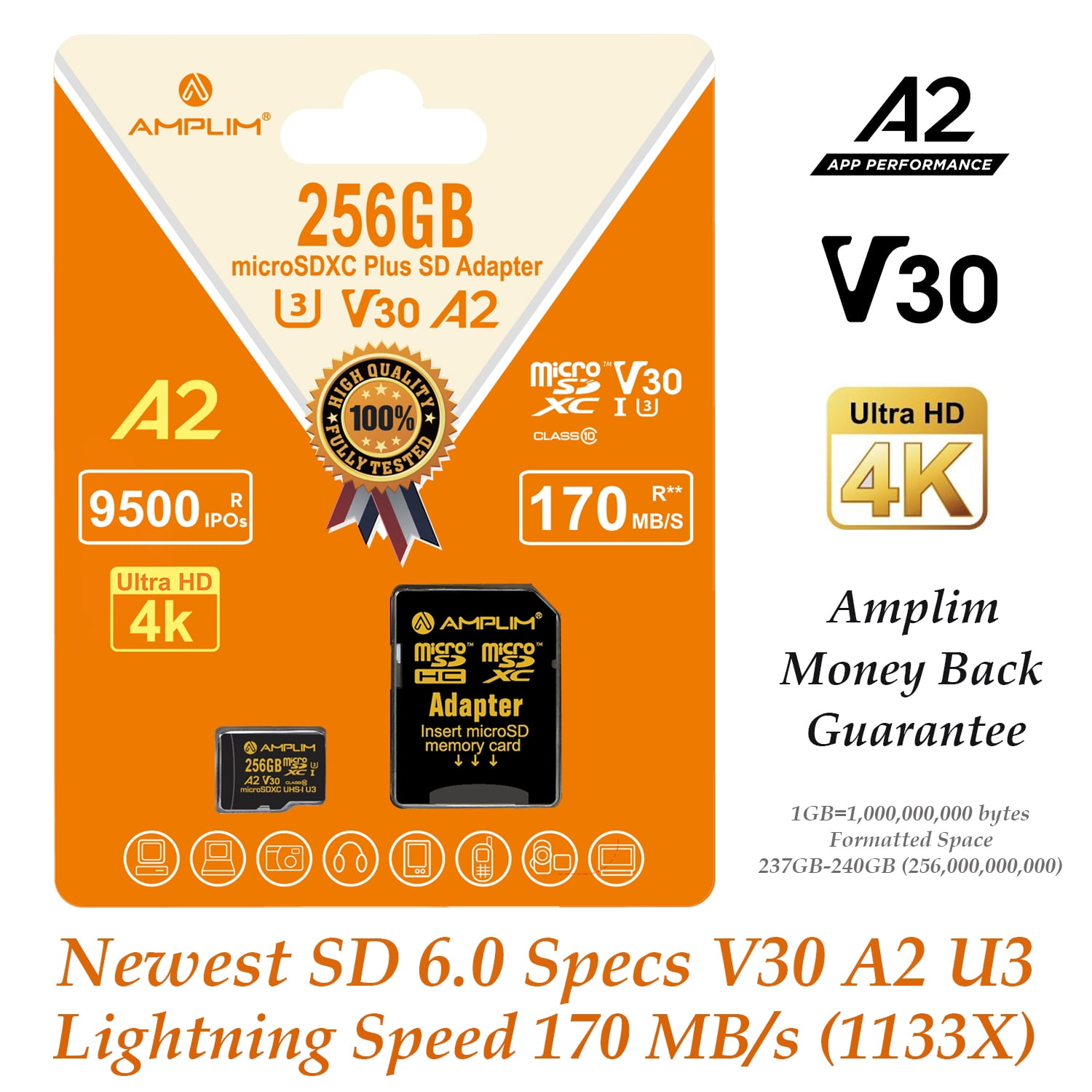 Micro SD Card 256GB, Extreme High Speed 170MB/S A2 MicroSD Memory Plus Adapter, Amplim MicroSDXC U3 Class 10 V30 UHS-I for Nintendo-Switch, GoPro Hero, Surface, Phone, Camera Cam, Tablet
