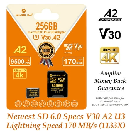 Amplim Micro SD Card 256GB, Extreme High Speed 170MB/S A2 MicroSD Memory Plus Adapter, MicroSDXC U3 Class 10 V30 UHS-I for Nintendo-Switch, GoPro Hero, Surface, Phone, Camera Cam, Tablet