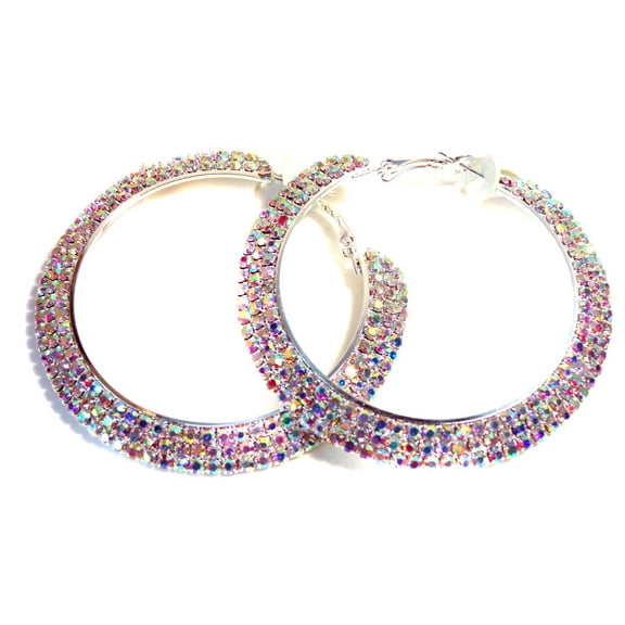 Large Iridescent Rhinestone Triple Lined Hoop Earrings ABS Crystal Silver Tone 3 inch Hoops