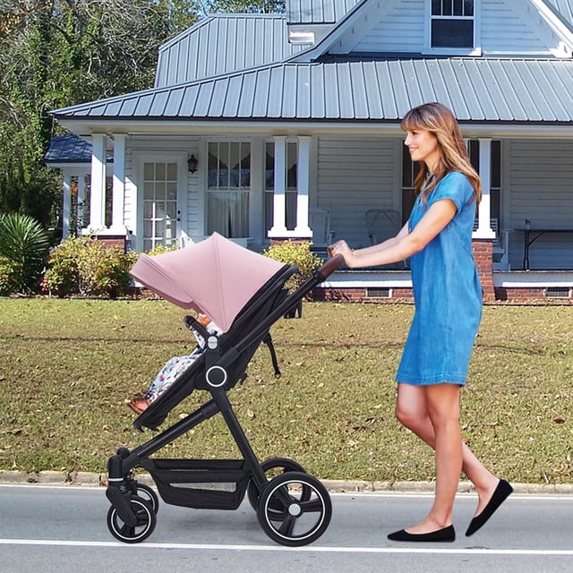 Historyli Cochecito 2 en 1 reversible con asiento para bebé, capazo plegable con una mano, cómodo cochecito con reclinable y capota extragrande, color rosa