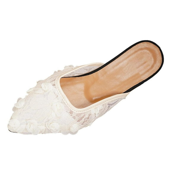 FRSASU Comfortable Embroidered Mules for Women, Slip-on Backless Loafers with Pointed Toe, Stylish Flat Slides for Casual Wear White