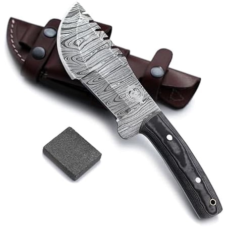 Damascus Steel Tracker Knife Fixed Blade for Hunting Camping Fishing Bushcraft and Survival with Full Tang Micarta Handle and Sharping Stone with Cowhide-Leather Sheath-DCX17-35$$Other