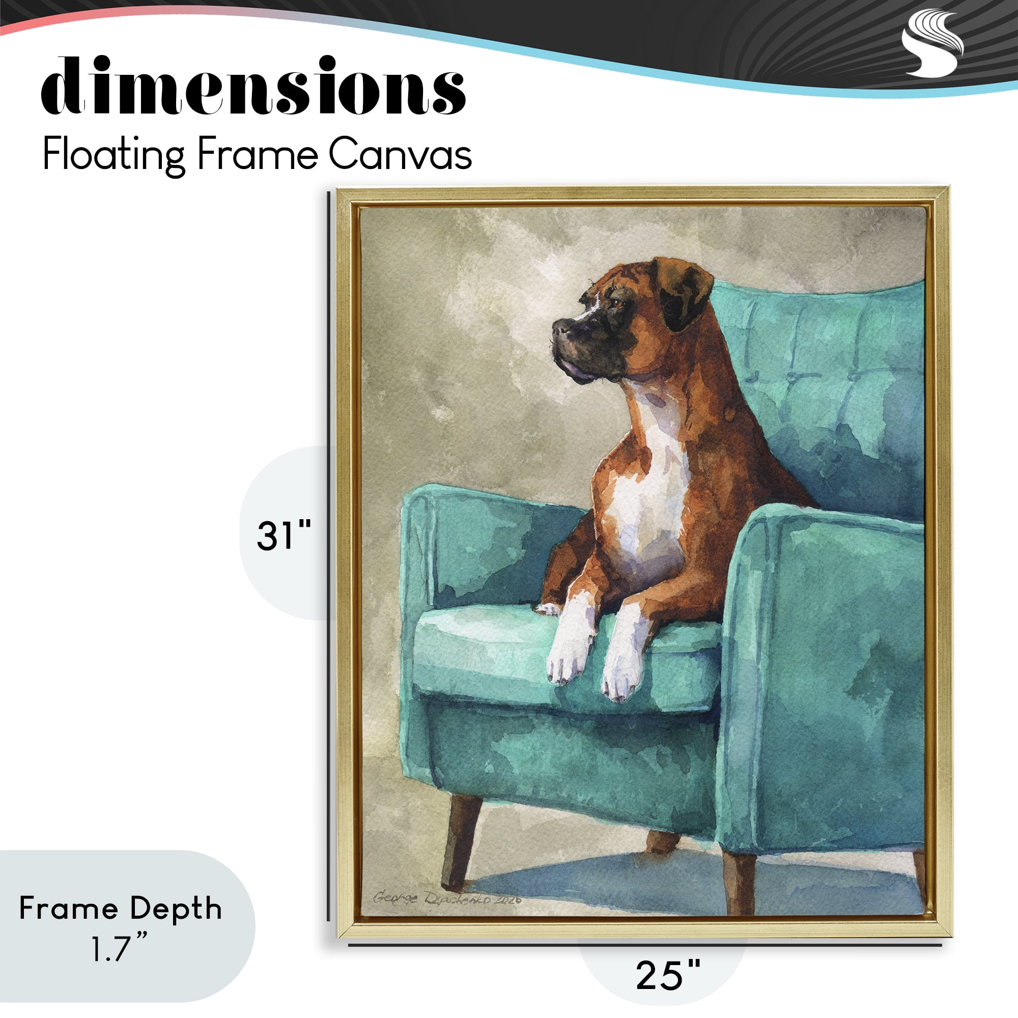 Stupell Industries Majesty Boxer on Armchair Gold Framed Floater Canvas Wall Art, design by George Dyachenko