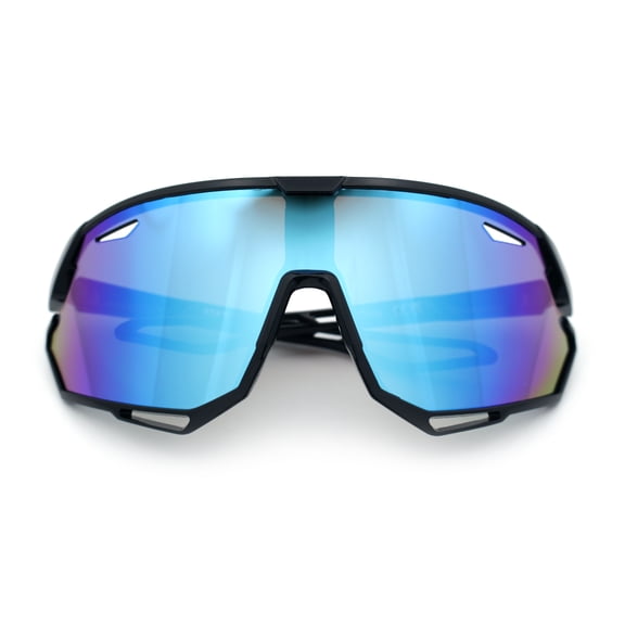 Boys Color Mirror Sportsmans Shield Oversized MTB Wrap Around Plastic Sunglasses Black - Blue Mirror