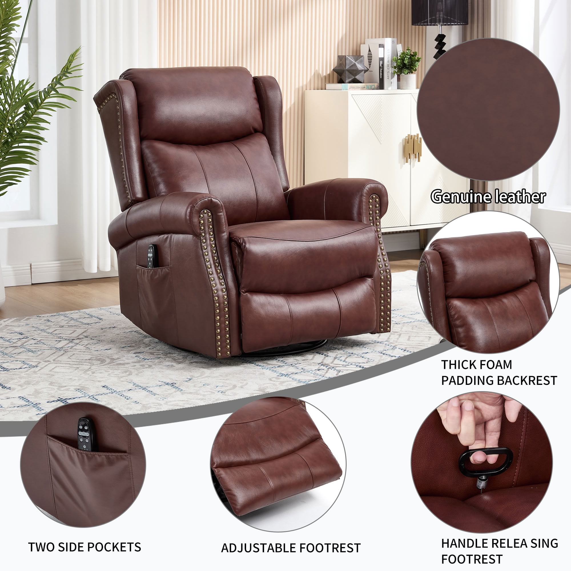 MAYEERTY 360 Degree Swivel Rocker Recliner Chair, Genuine Leather Manual Recline Glider Armchair with 8-Point Vibration Massage & Lumbar Heat, for Living Room Home Theater
