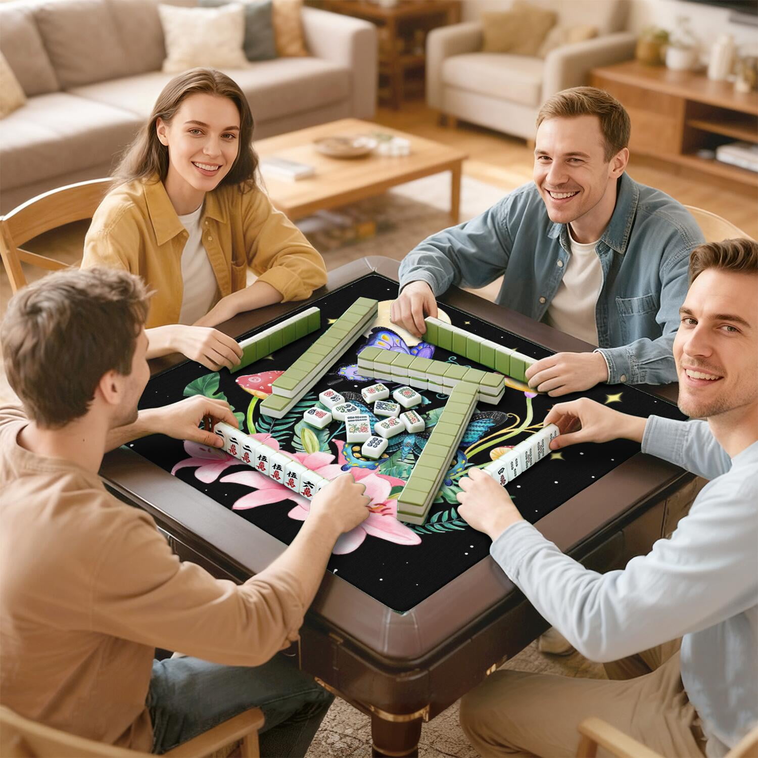 Stylish Plants Pattern Mahjong Mat 31.5 Inches Crafted from Durable Rubber Featuring Anti-Slip Grip Backing and Noise Reduction Technology for Multi-Functional Game Table