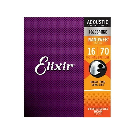Elixir 11308 Acoustic Baritone Guitar 8-String, .016 - .070