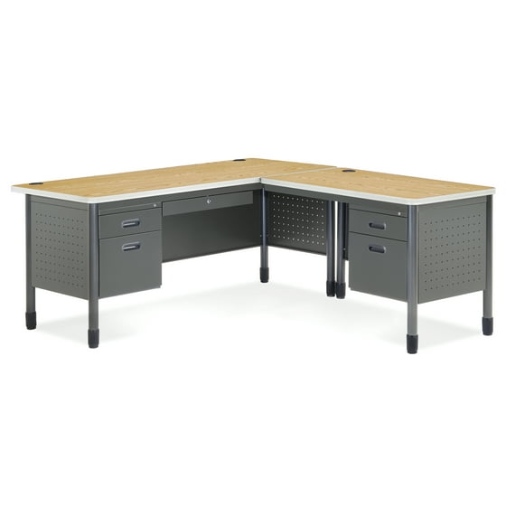 66366r Oak Office Furniture Mesa Series 30 Inch X 66 L Shaped Gray Frame Right Pedestal Return Secretarial Desk