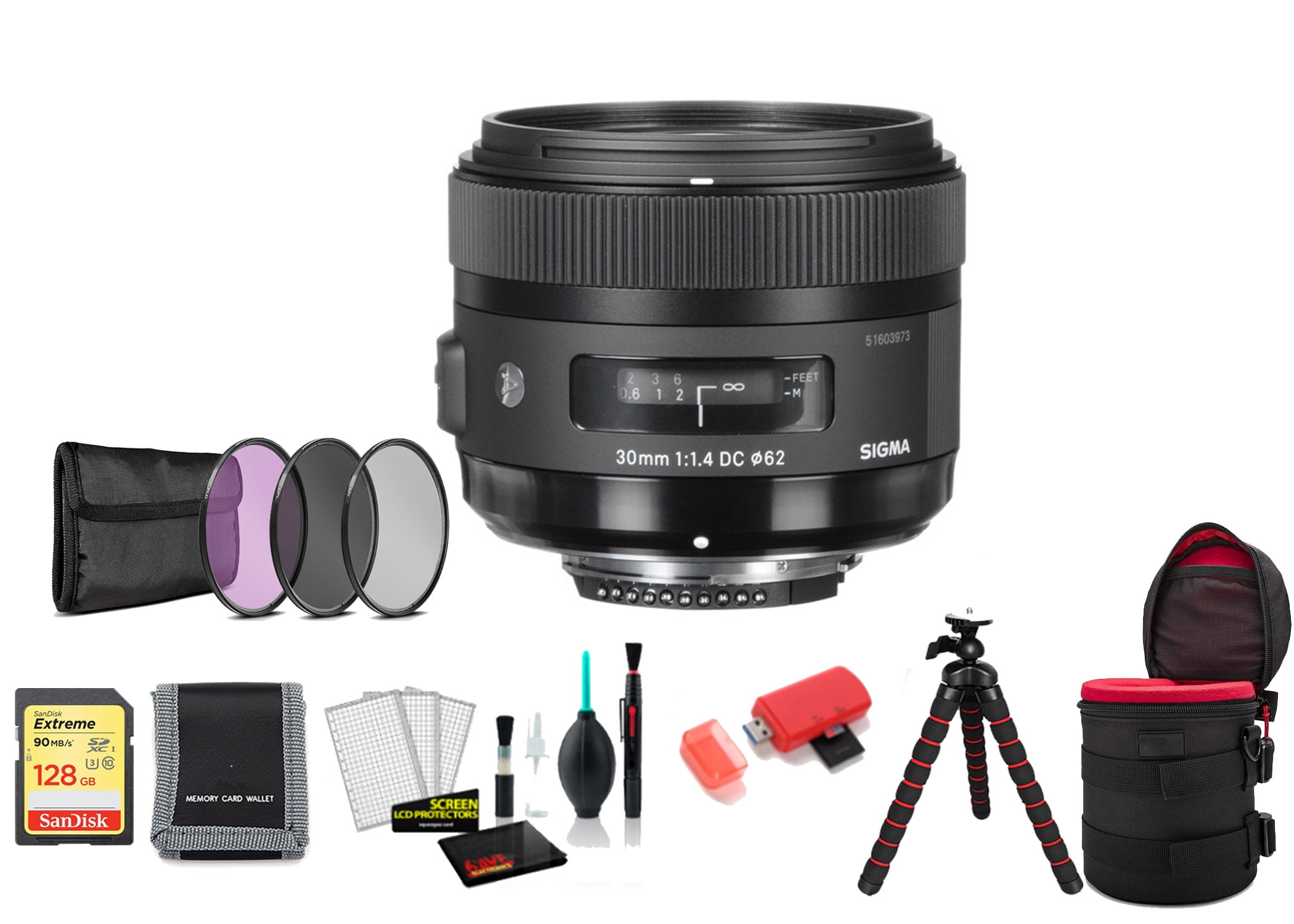 Sigma 30mm F/1.4 DC HSM Art Lens for Nikon F 301-306 Bundle