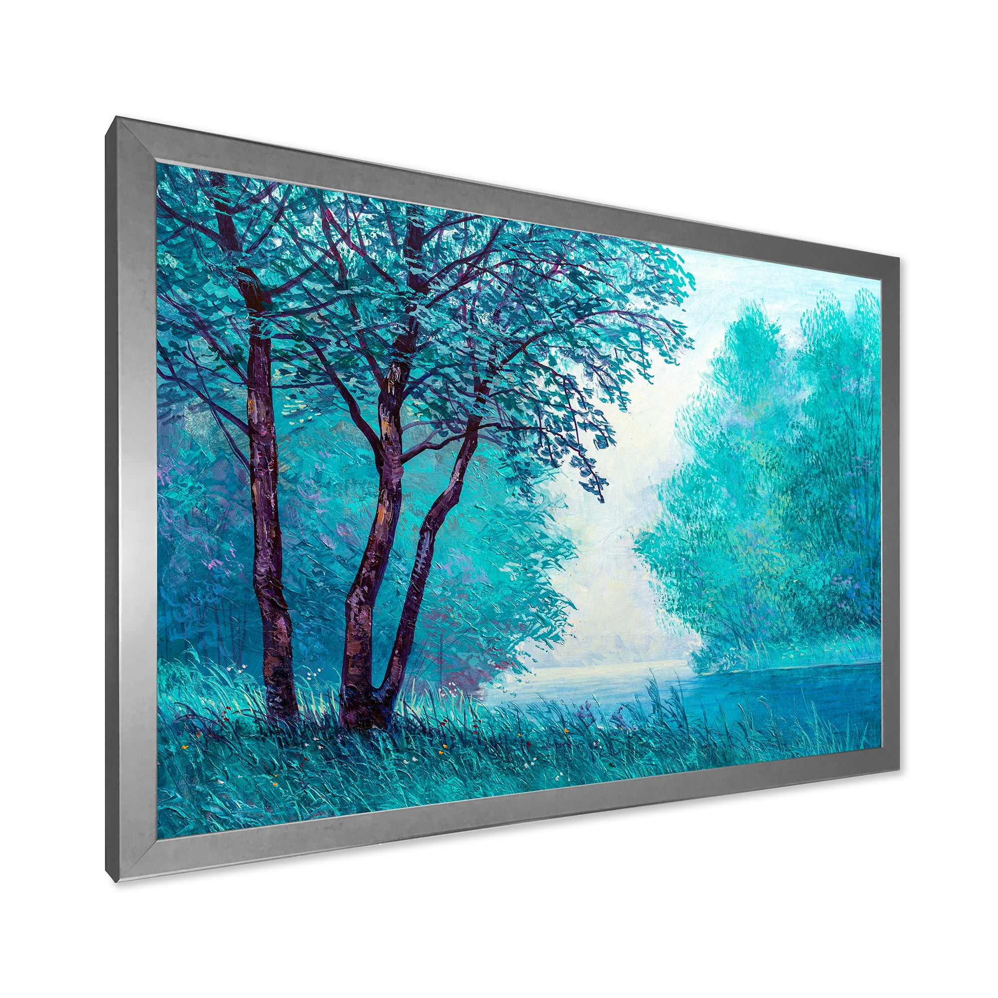 Designart 'Blue Coloured Tree Impression By Riverside' Lake House Framed Art Print