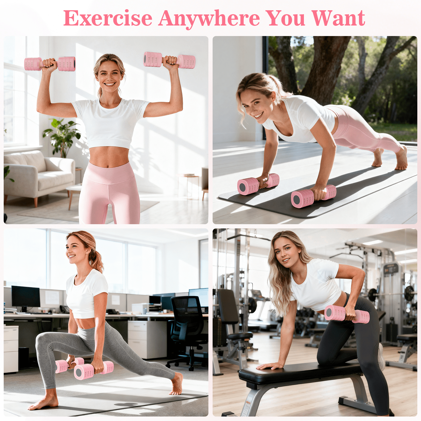 GIKPAL 5lbs*2 Adjustable Dumbbells Set, 4-in-1 Free Weights for Women, Each 2lb 3lb 4lb 5lb Hand Weights for Home Gym, Pink