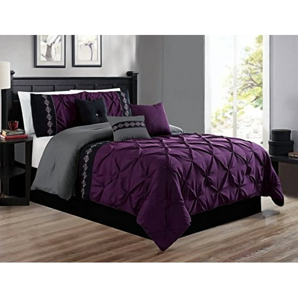 7 Pieces Queen Size Dark Purple / Grey / Black Double-Needle Stitch Pinch Pleat All-Season Bedding-Down Alternative Embroidered Comforter Set