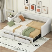 Euroco Upholstered Twin XL to King Size Daybed, Sofa Bed with Trundle and 2 Drawers, Beige