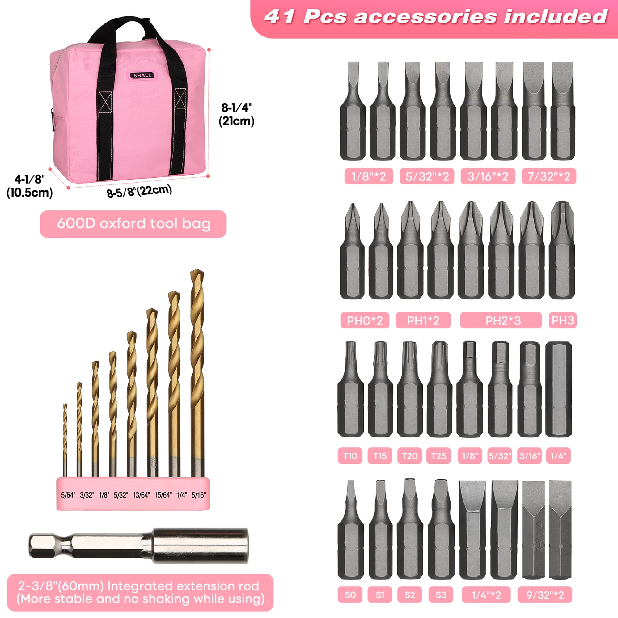 SHALL 12V Cordless Drill Set Combo Kit, 43-Piece Power Drill Cordless, Electric Drill with 32 Screwdriver Bit Set, Tool Kit with Drill 3/8 Driver, Pink Drill Set for Women