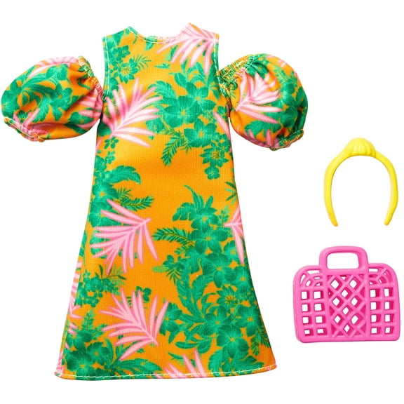 Barbie Fashion Pack, Clothing Set with Tropical Off-the-Shoulder Dress & Accessories for Dolls
