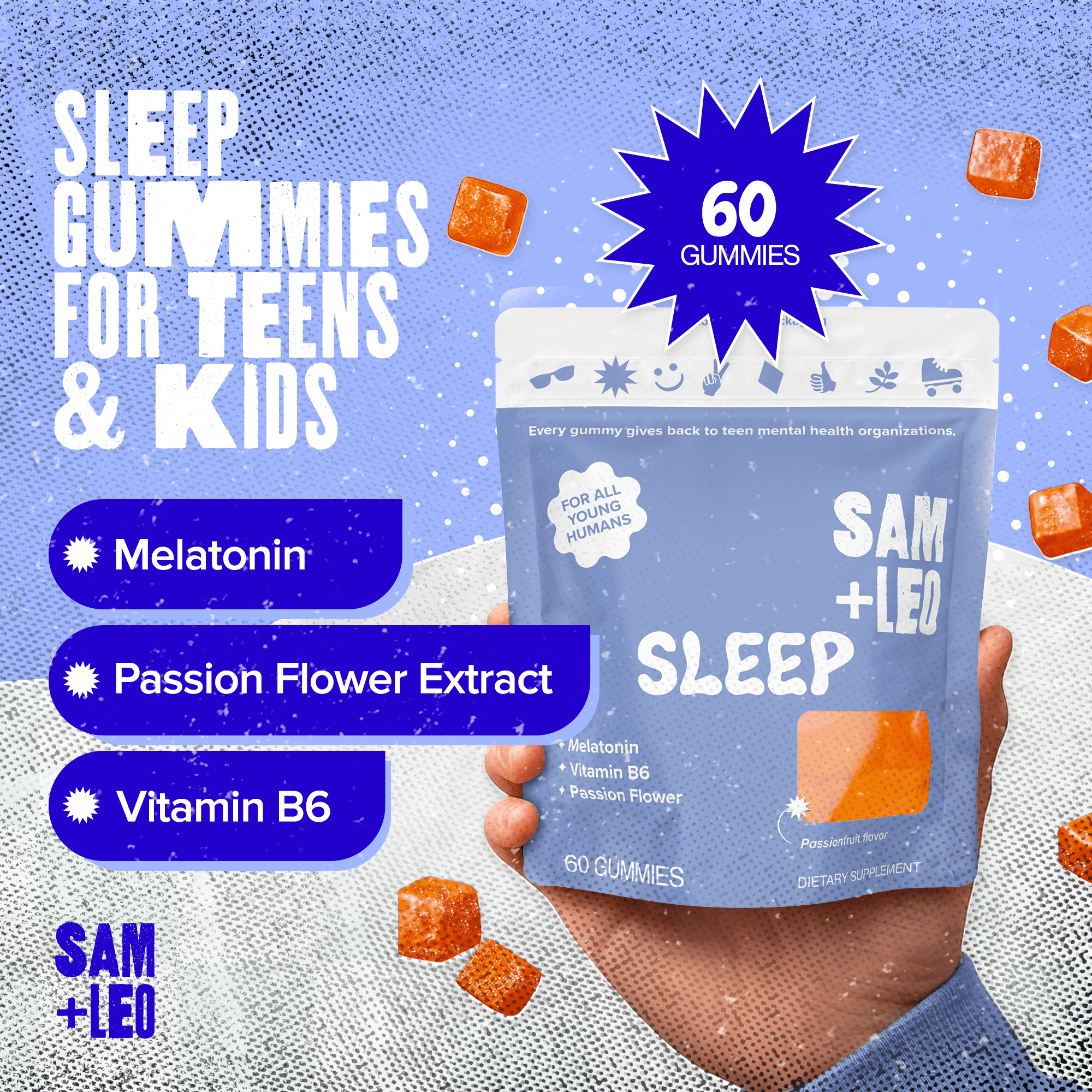 SAM+LEO Sleep Gummies for Kids & Teens with Melatonin, Passion Flower & Vitamin B6 - Gentle Sleep Aid Gummies for Restful Sleep