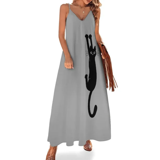 Vestido sin mangas con estampado de gato negro para mujer, elegante y holgado, traje de verano