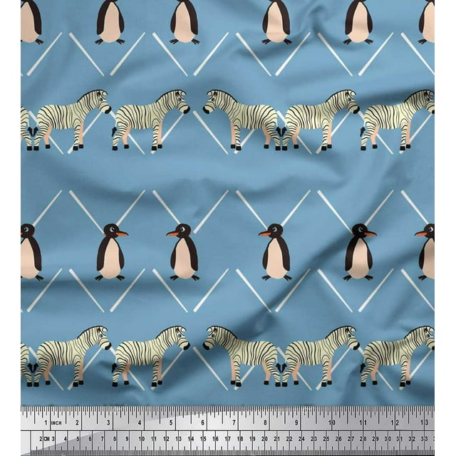 Soimoi Blue Polyester Crepe Fabric Penguin & Stripe Animal Decor Fabric Printed BTY 52 Inch Wide