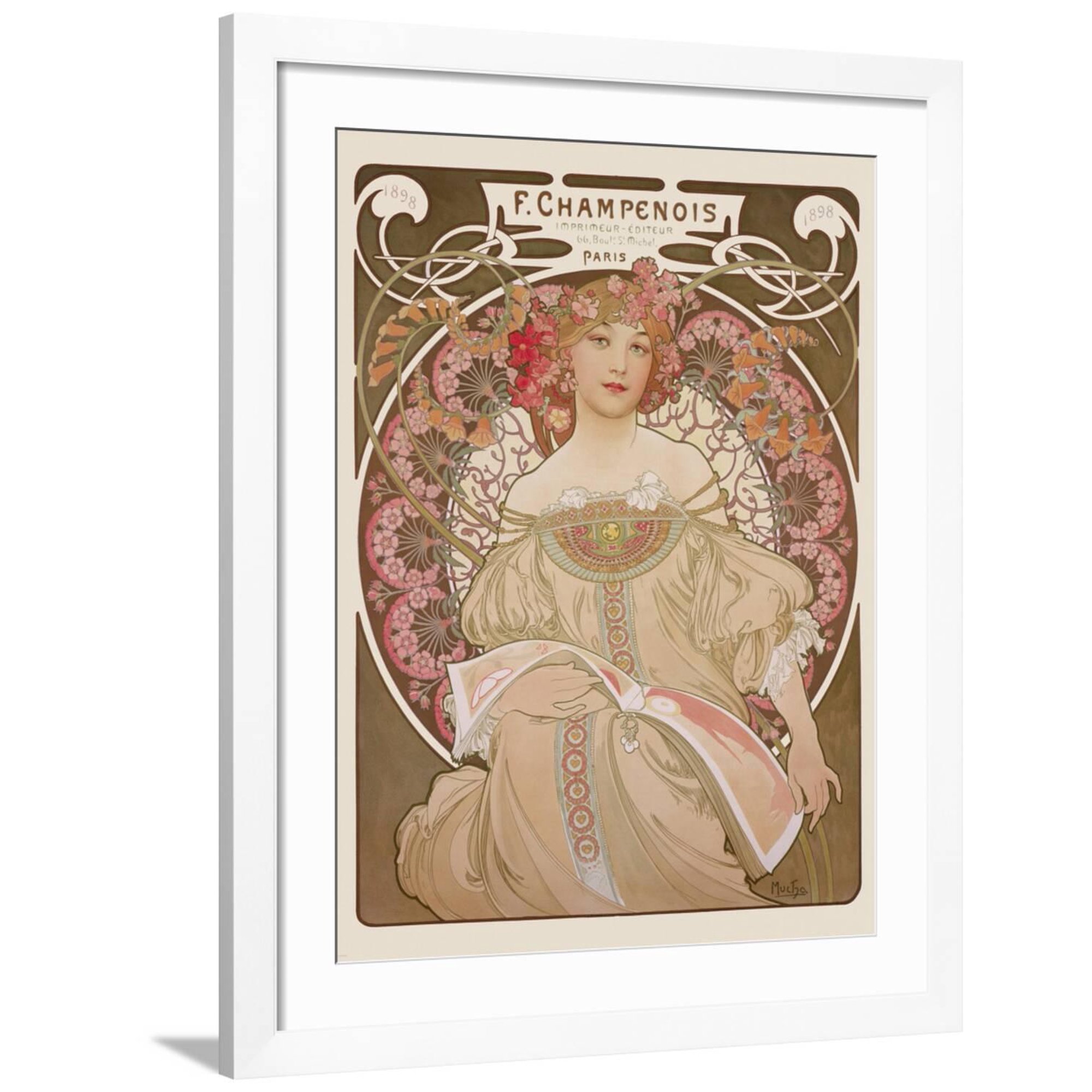 Art.com Reverie c.1897 Art Print by Alphonse Mucha White Frame Wall Art 32 x 40