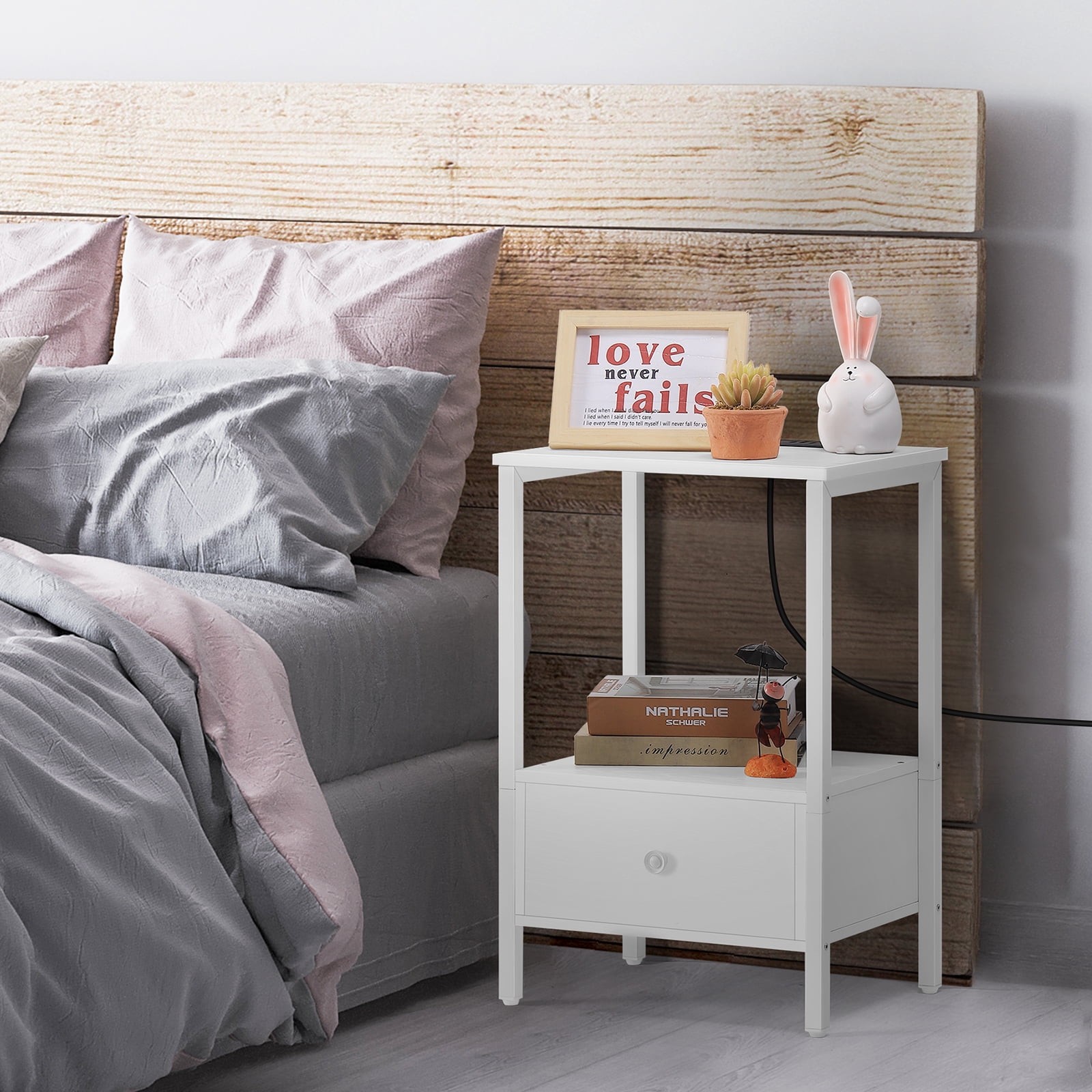 Set of 2 Nightstands with Charging Station, 23.6 Inch White End Tables with Fabric Drawer for Bedroom