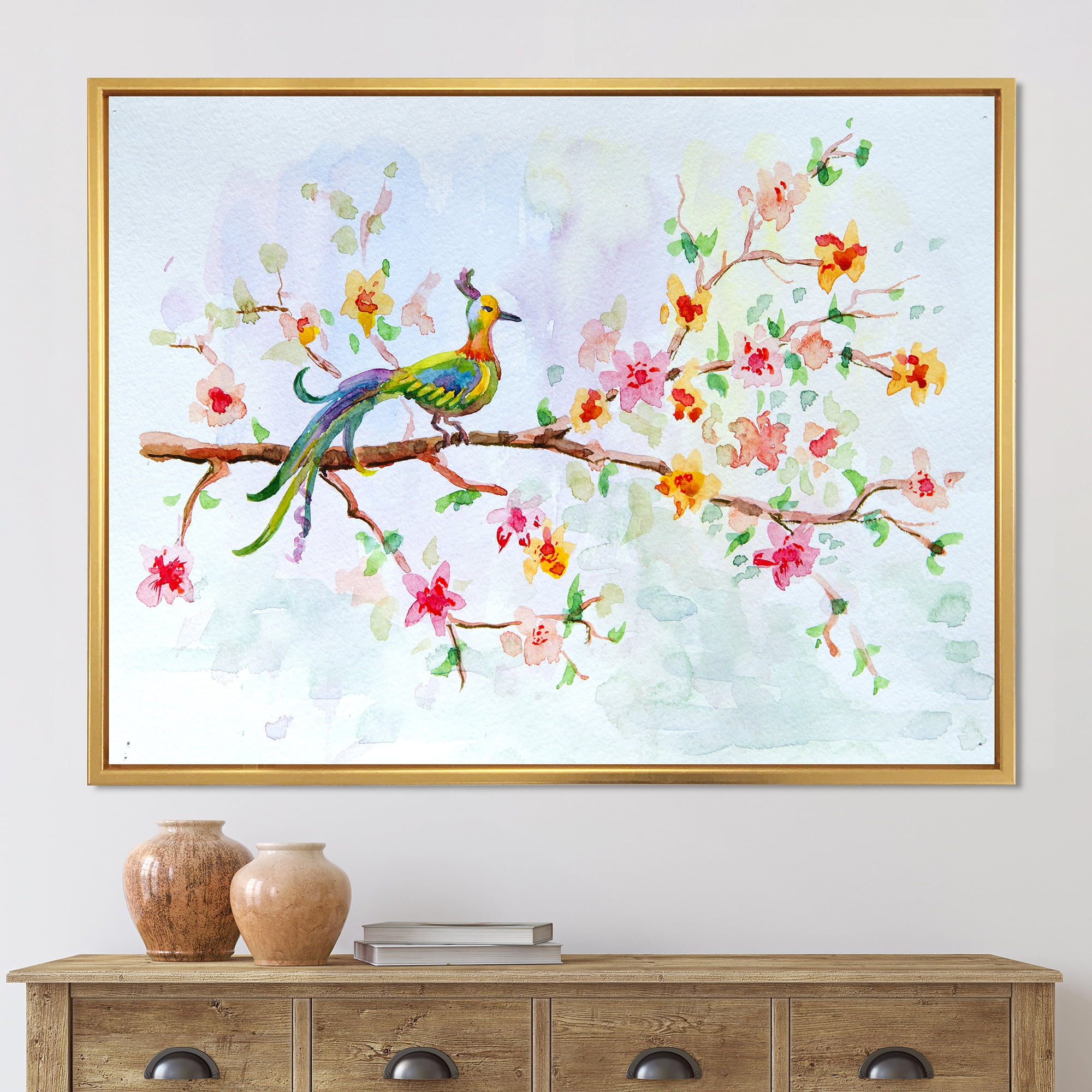 Designart 'Little Bird Sitting On Blooming Branch' Traditional Framed Canvas Wall Art Print
