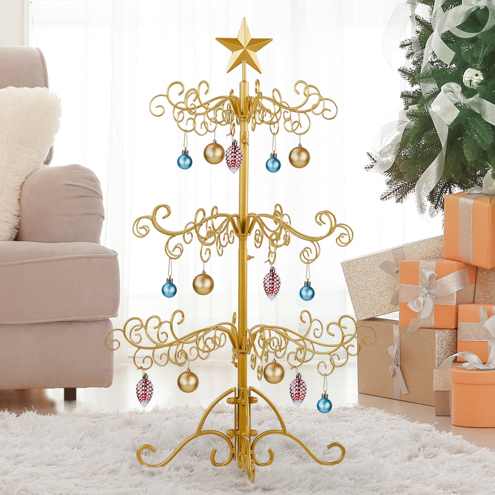 Astoutdoor 3 ft Wrought Iron Christmas Tree, Gold Metal Ornament Display Stand for Holiday Party Home Decor, Indoor and Outdoor Hanger