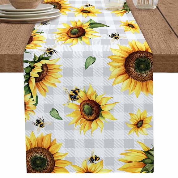 nqOlkjepod Sunflower Table Runner 70 Inches Long Farmhouse Dress Scarves, Farmhouse Grey Buffalo Check Floral Bee Dining Tablerunner for Coffee Table/Kitchen Island/Party Décor, 13" x 70"