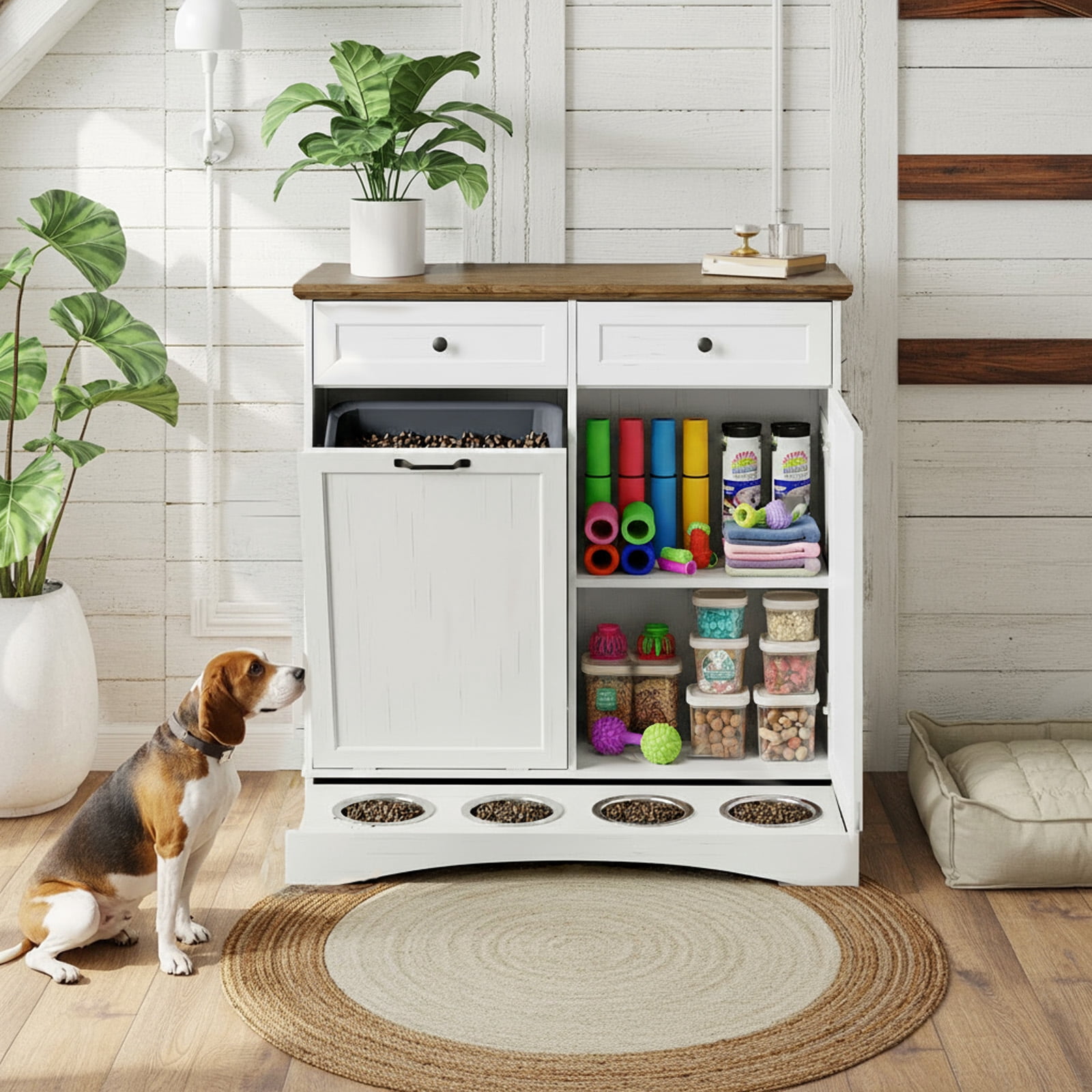 Double Tilt Out Trash Can Cabinet with Dog Bowl, 10 Gallons Dog Food Storage Cabinet, Hidden Trash Can Cabinet with Hideaway Drawer for Kitchen, Living Room (White, Double Door)