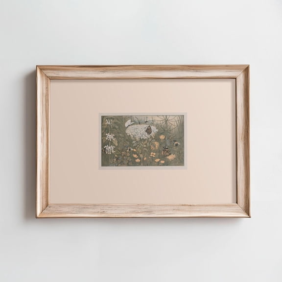 Vintage Butterfly Garden Print, Rustic Landscape Wall Art, Sage Green & Beige Decor, Antique Spring, Cottagecore Work Home Decor #1722, Unframed Poster Size 8x12