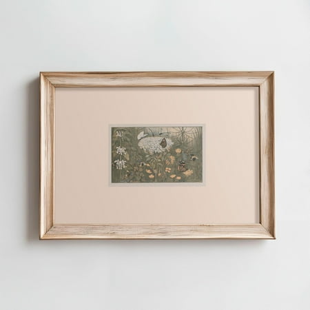 Vintage Butterfly Garden Print, Rustic Landscape Wall Art, Sage Green & Beige Decor, Antique Spring, Cottagecore Work Home Decor #1722, Unframed Poster Size 12x18