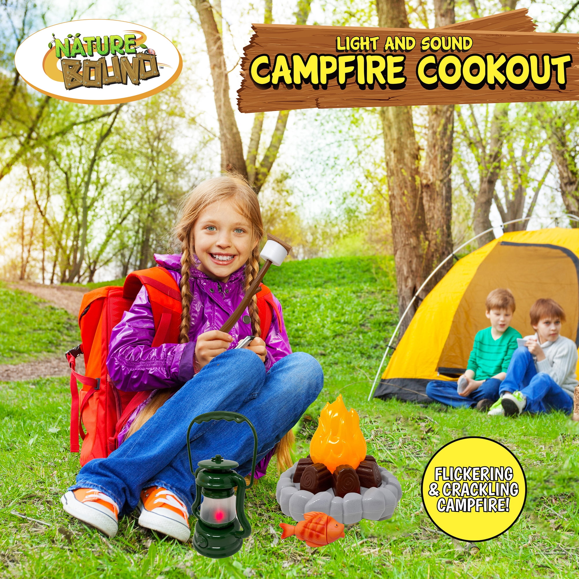 Nature Bound: Campfire Cookout - 13pc Light & Sound Camping Toy Playset, Crackling Campfire, S'mores-Lantern-Fish, In-Outdoor Pretend Play, Kids 3+