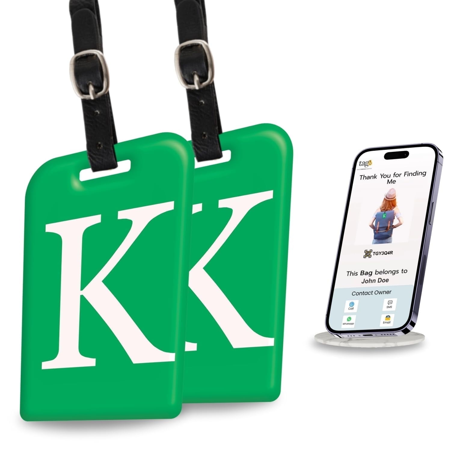 tag8 2 Pack Luggage Tags for Suitcases, 26 Initial Letter Travel Luggage Identification Labels ID Tag with Global Loss Recovery Service | Airline Compliant | SITA World Tracer Code Enabled (K)