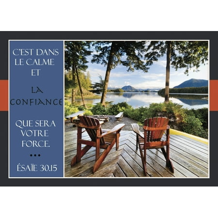 Two adirondack chairs on a deck looking out over Jensen Bay with a scripture verse in french Tofino British Columbia Canada Stretched Canvas - Lorna Rande  Design Pics (18 x