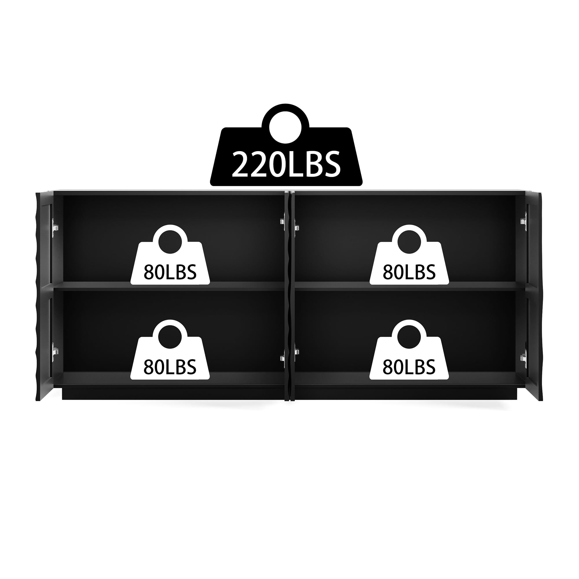 Homy Casa 59 in Modern 4-Door Buffet Cabinet with Sculpted 3D Wave Front for Dining Room Black