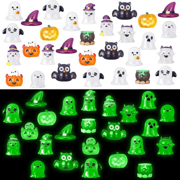 24 Pcs Halloween Luminous Ghost Halloween Miniatures Cute Ghost Pumpkin Bat Owl Resin Figurines Statue Mini Glow in The Dark Resin Figures Garden Decor for Halloween House Micro Landscape