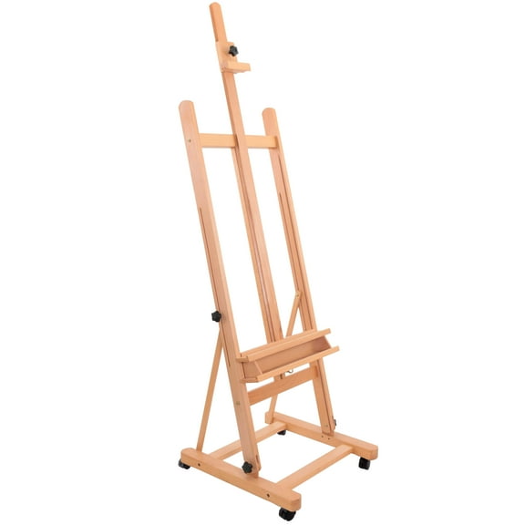 U.S. Art Supply Wooden H-Frame Studio Easel with Artist Tray, Wheels - Adjustable Mast Beechwood Stand, Holds 48" Canvas